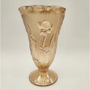 Vintage 1920's Jeannette Iris & Herringbone Iridescent Peach 9"‎ Glass Vase